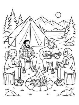 Free printable Friends Camping Around Campfire coloring page