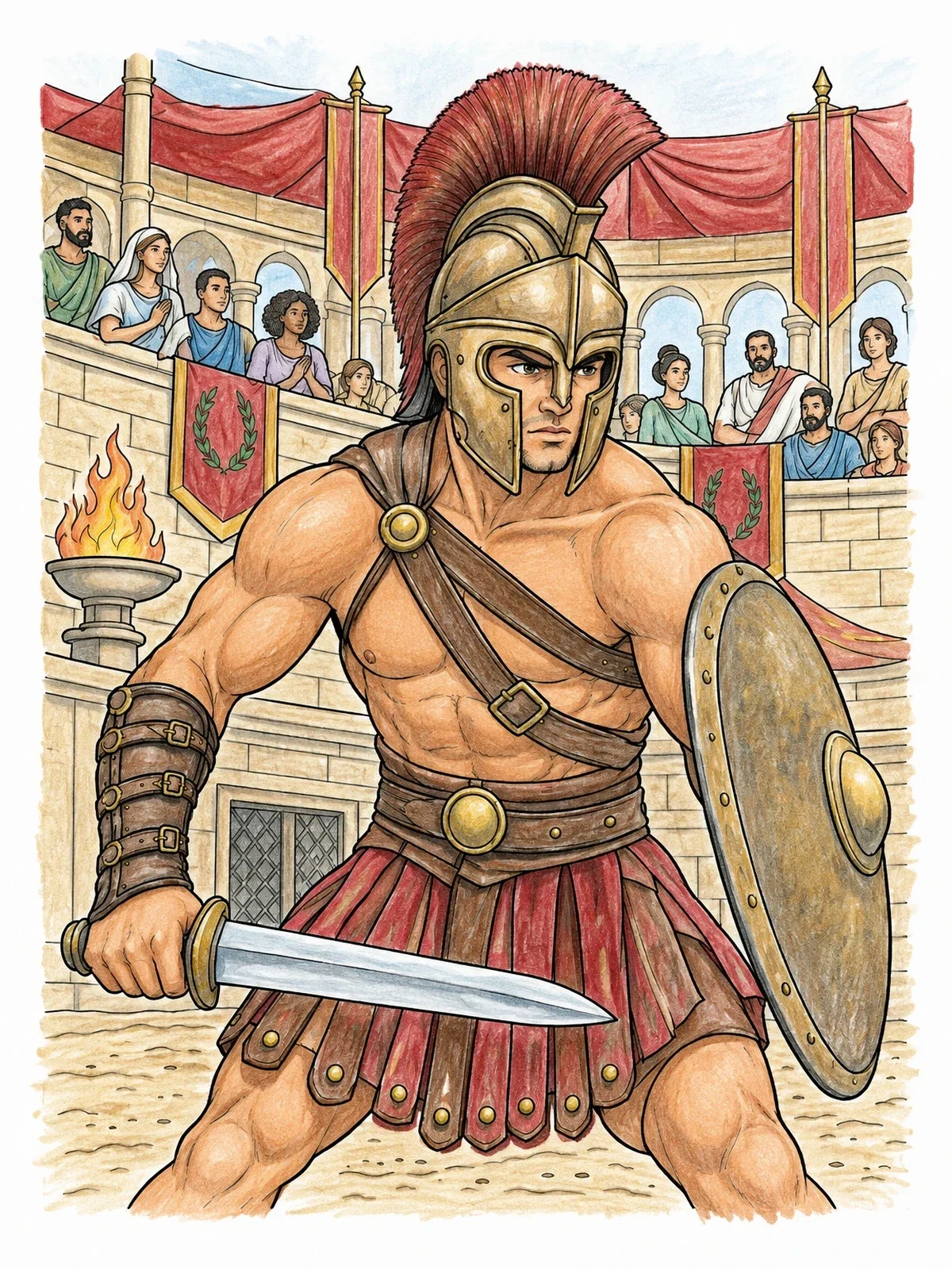 Colored example of the Fierce Gladiator In The Colosseum coloring page