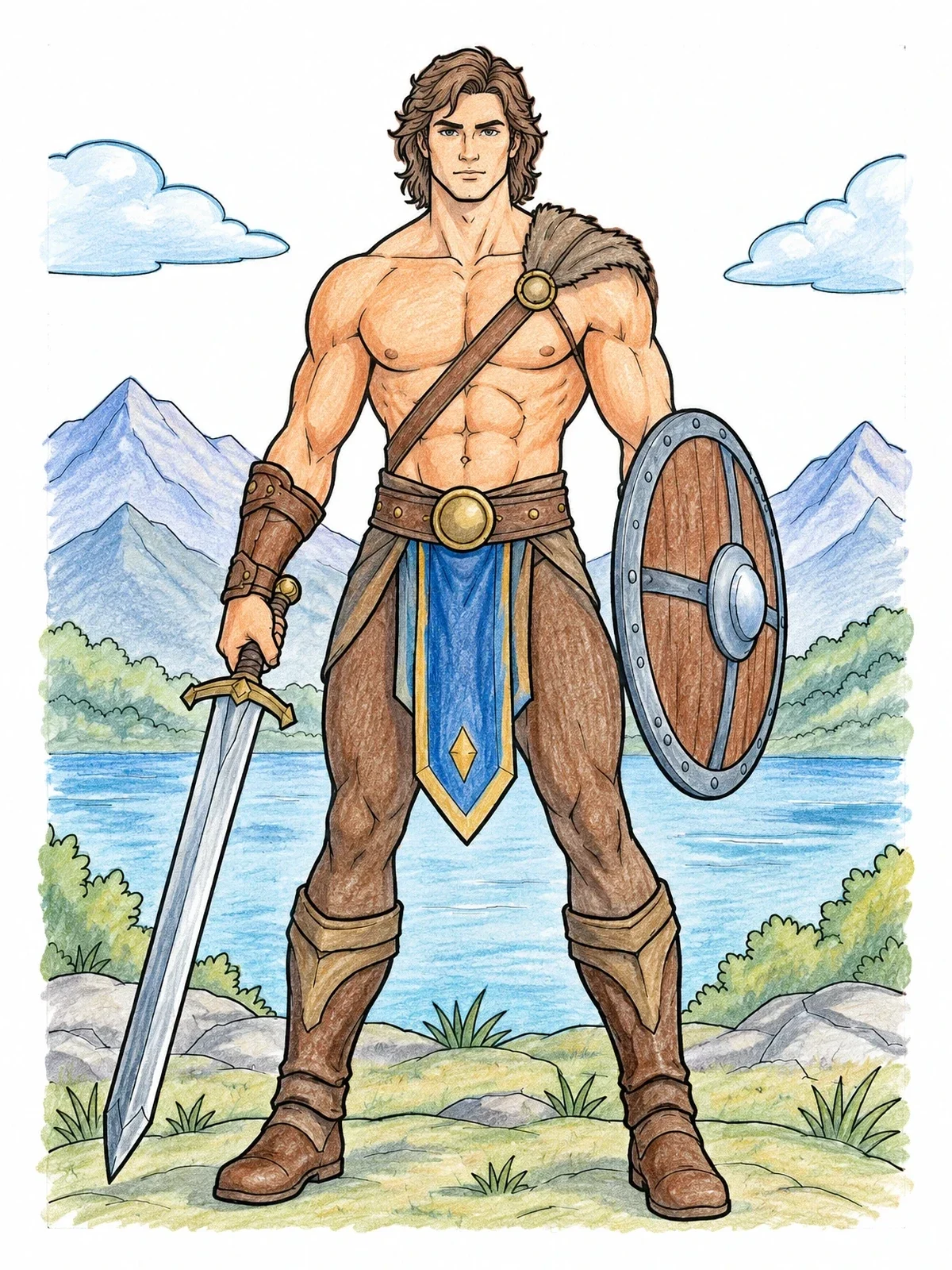 Colored example of the Heroic Warrior With Sword And Shield coloring page
