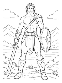 Free printable Heroic Warrior With Sword And Shield coloring page