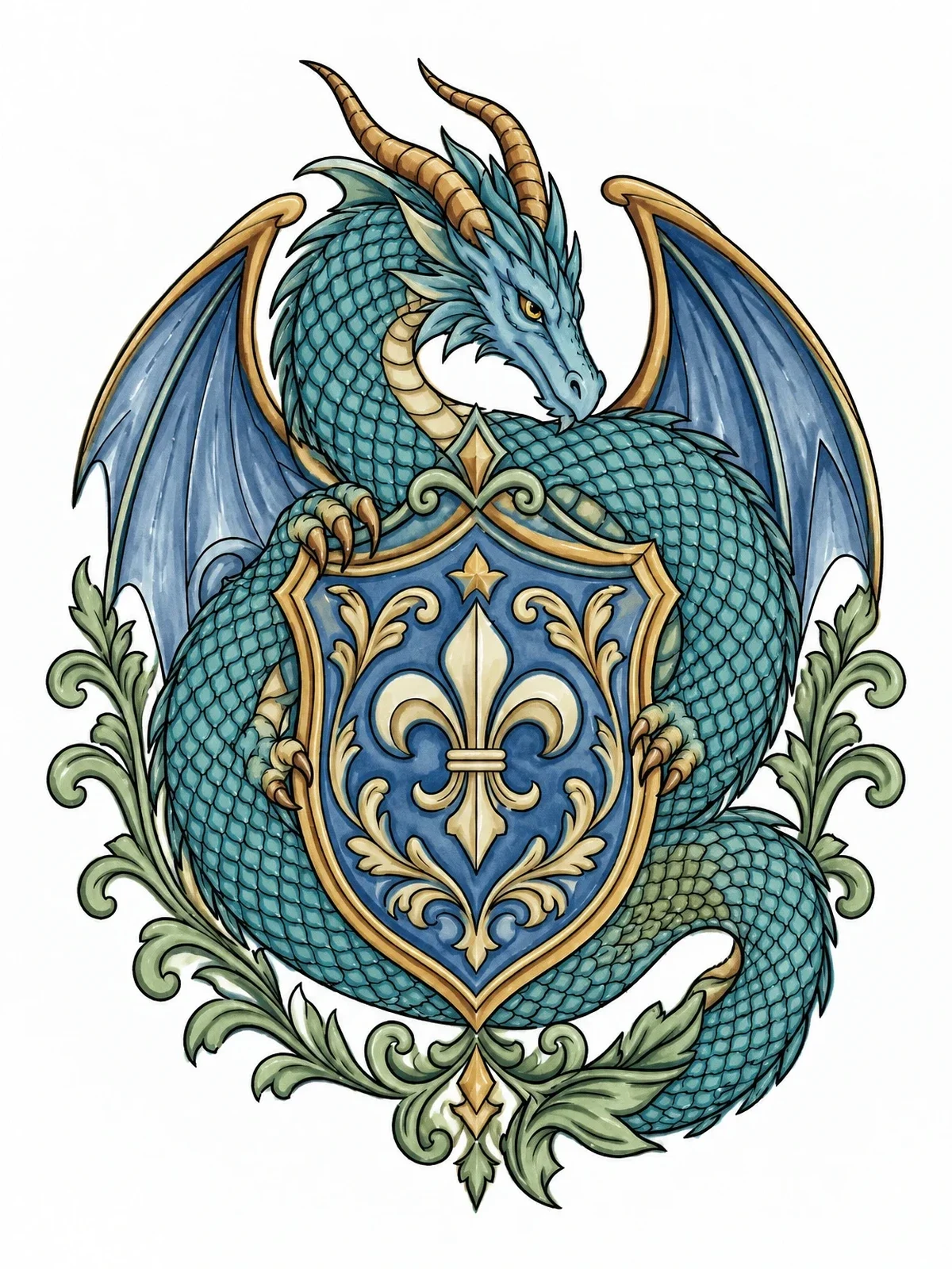 Colored example of the Majestic Dragon Guarding Heraldic Shield coloring page