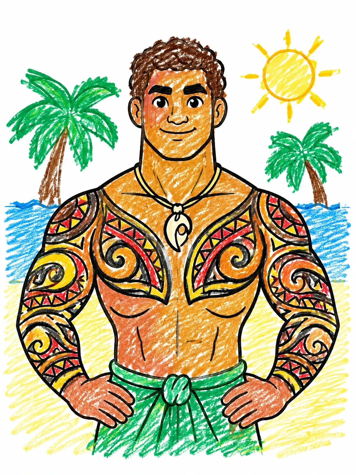 Colored example of the Muscular Island Warrior With Tattoos coloring page