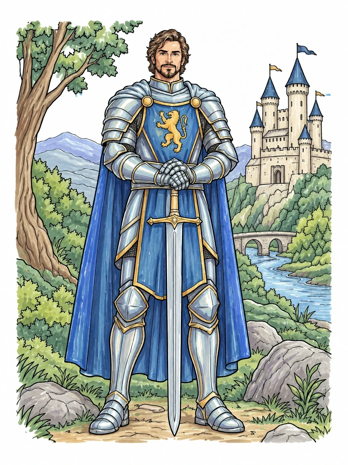 Colored example of the Noble Knight Before His Castle coloring page