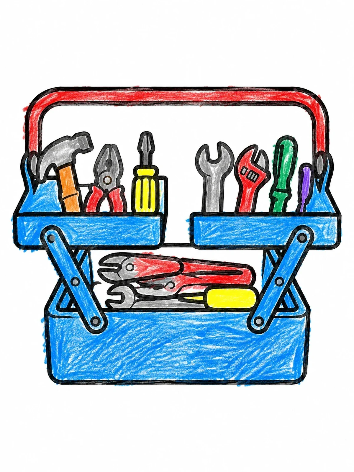 Colored example of the Open Cantilever Toolbox With Tools coloring page