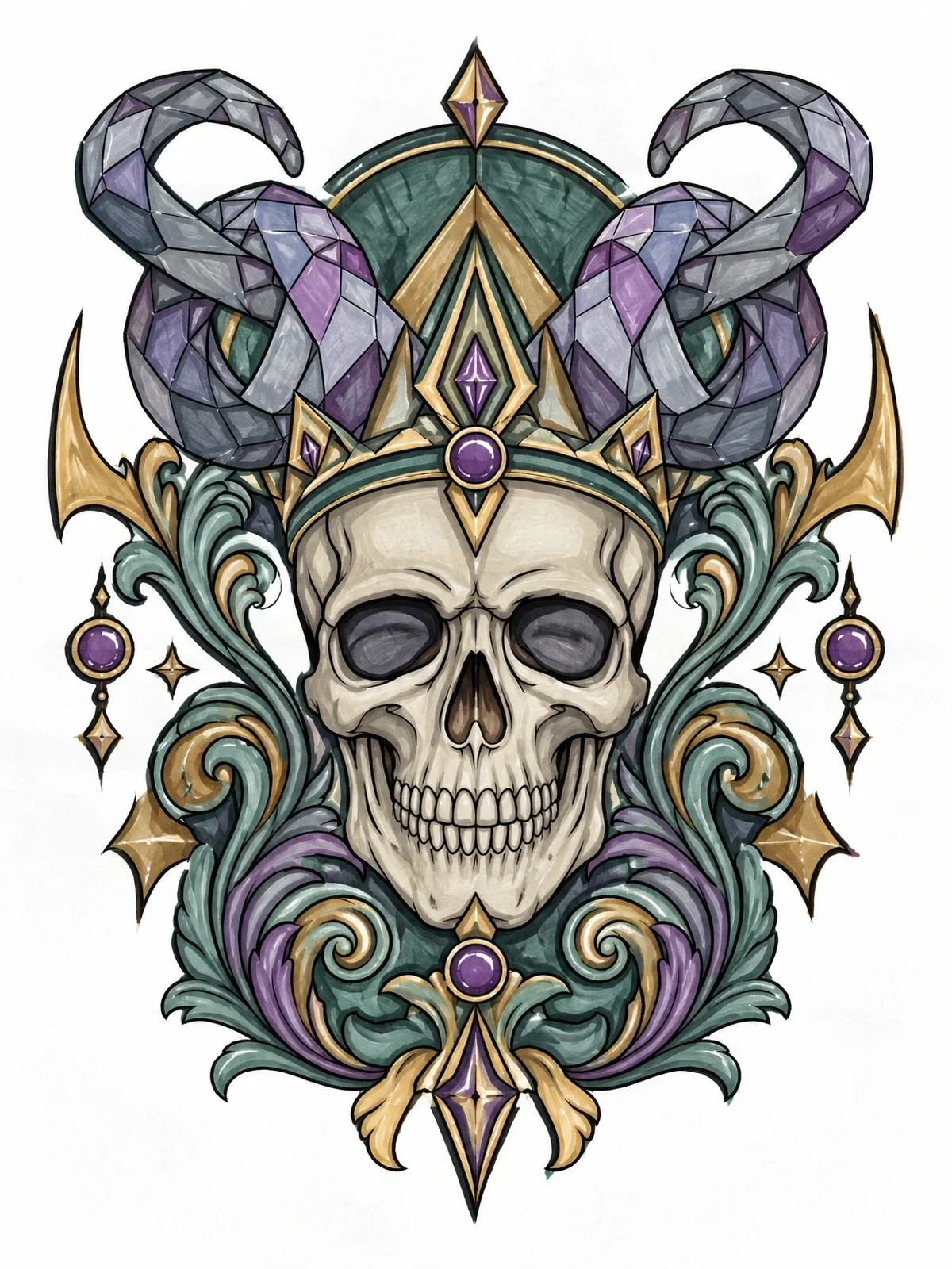 Colored example of the Ornate Crowned Skull With Horns coloring page
