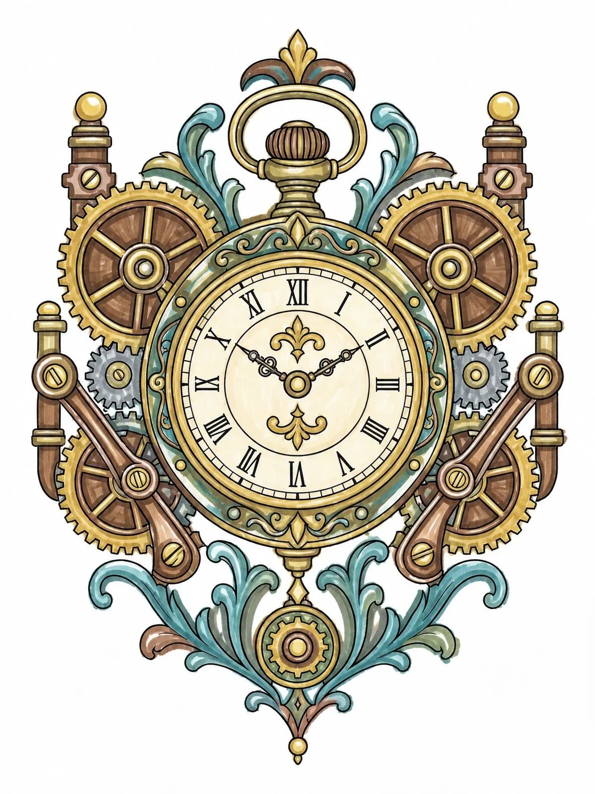 Colored example of the Ornate Steampunk Pocket Watch With Gears coloring page