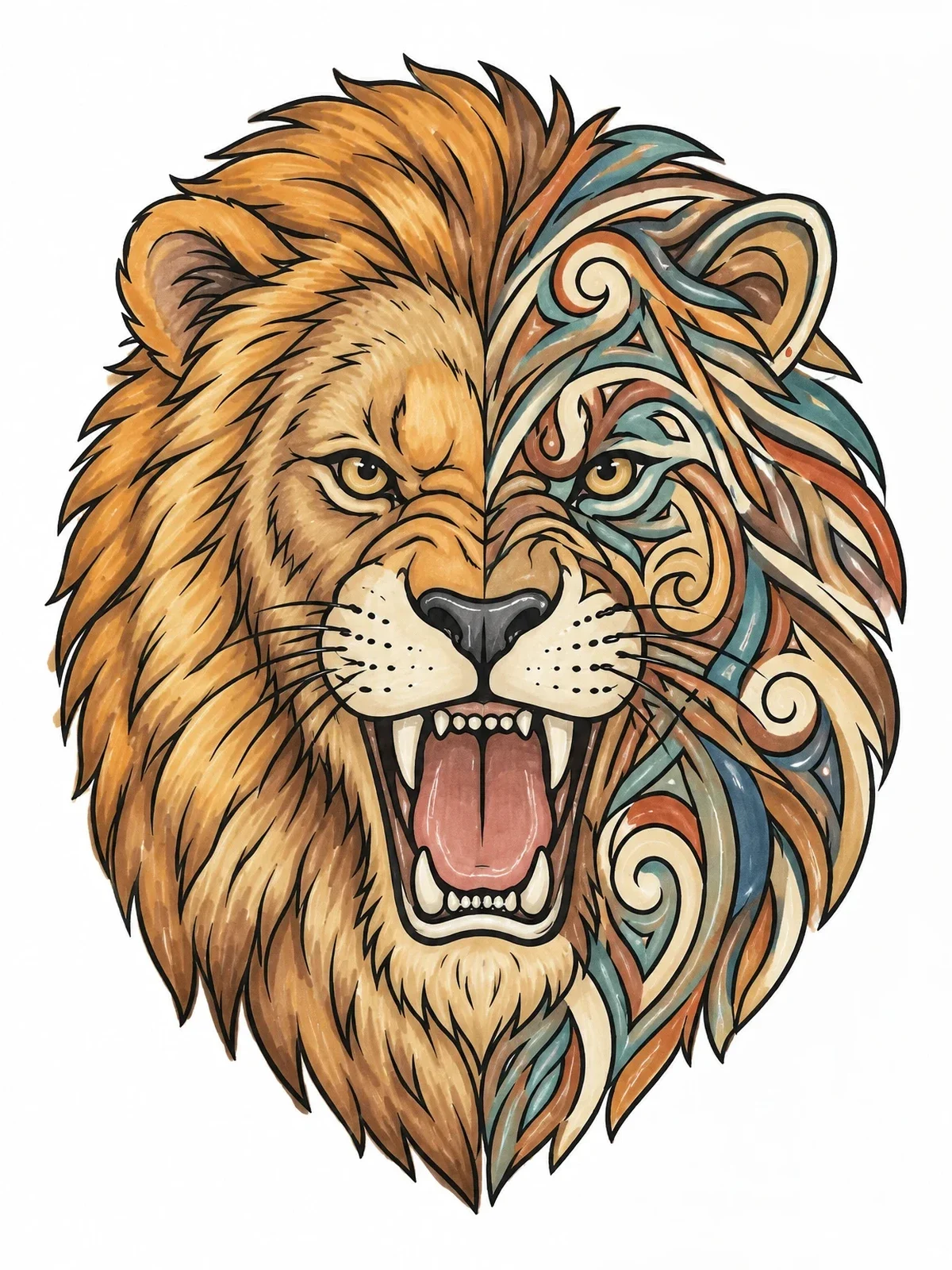 Colored example of the Roaring Lion With Tribal Half coloring page