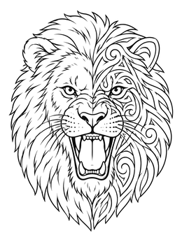 Free printable Roaring Lion With Tribal Half coloring page