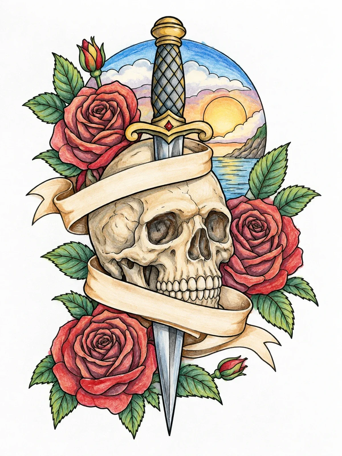 Colored example of the Tattoo Skull With Dagger And Roses coloring page