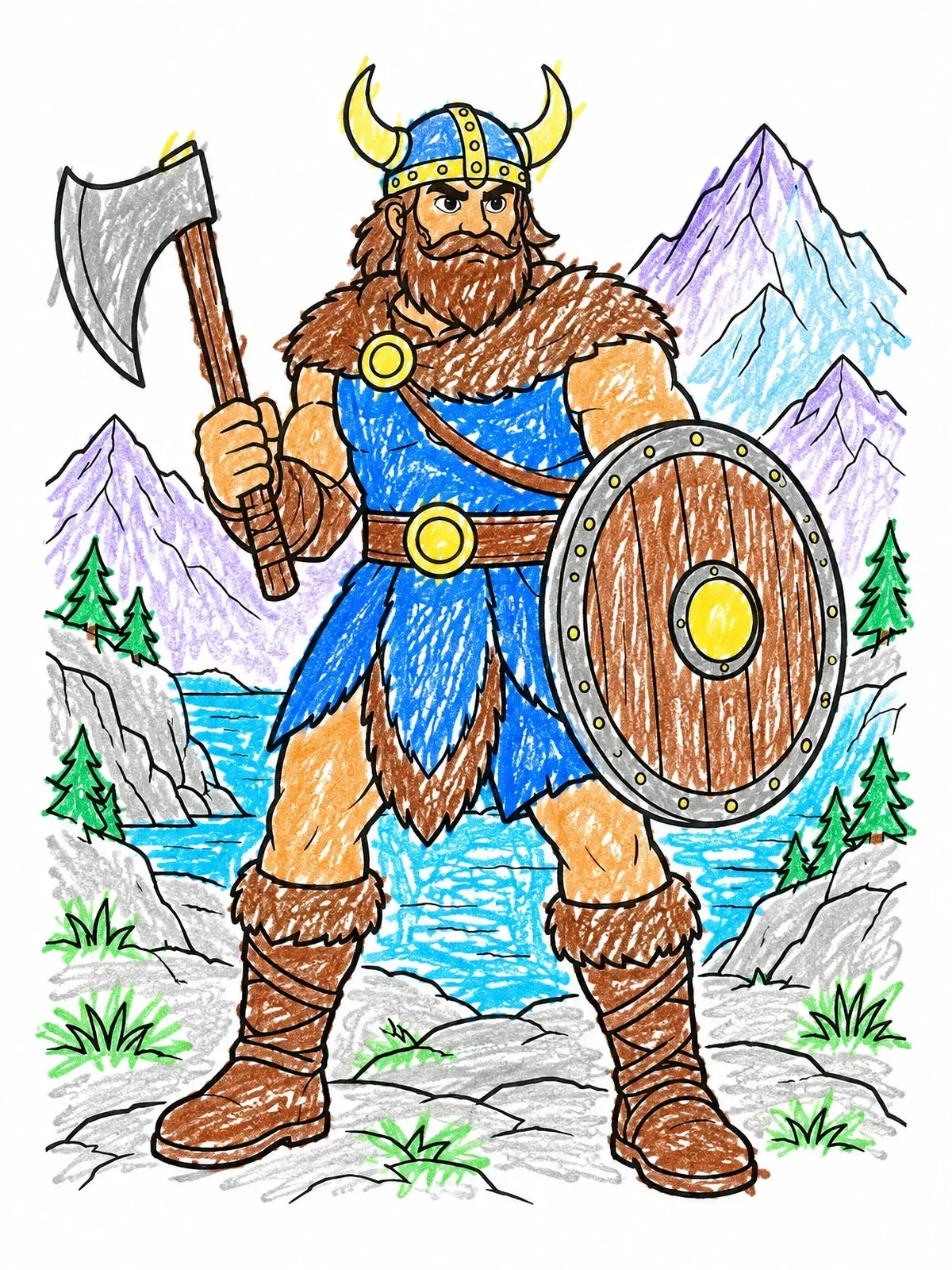 Colored example of the Viking Warrior With Axe And Shield coloring page