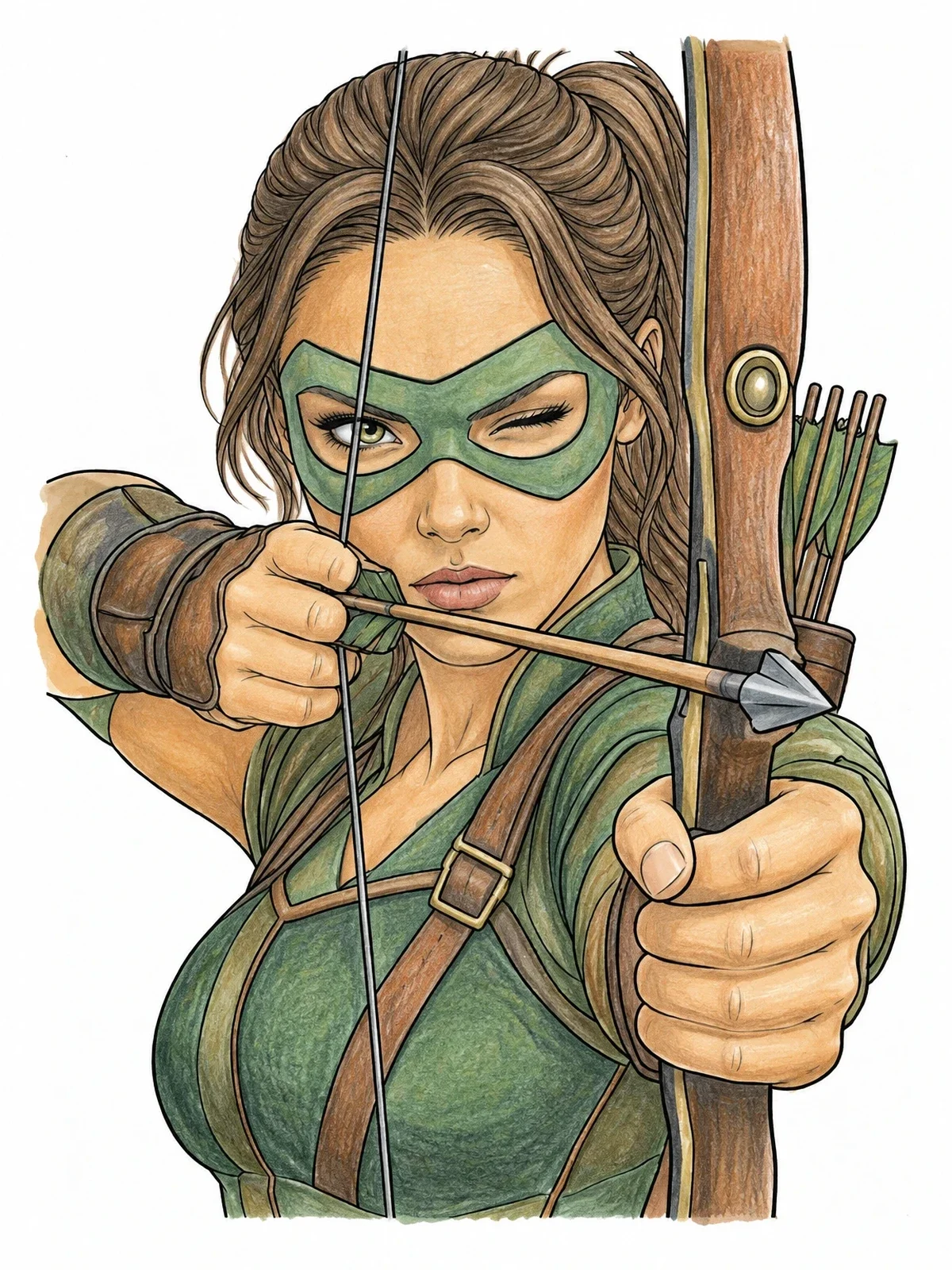 Colored example of the Masked Archer Aiming Bow And Arrow coloring page