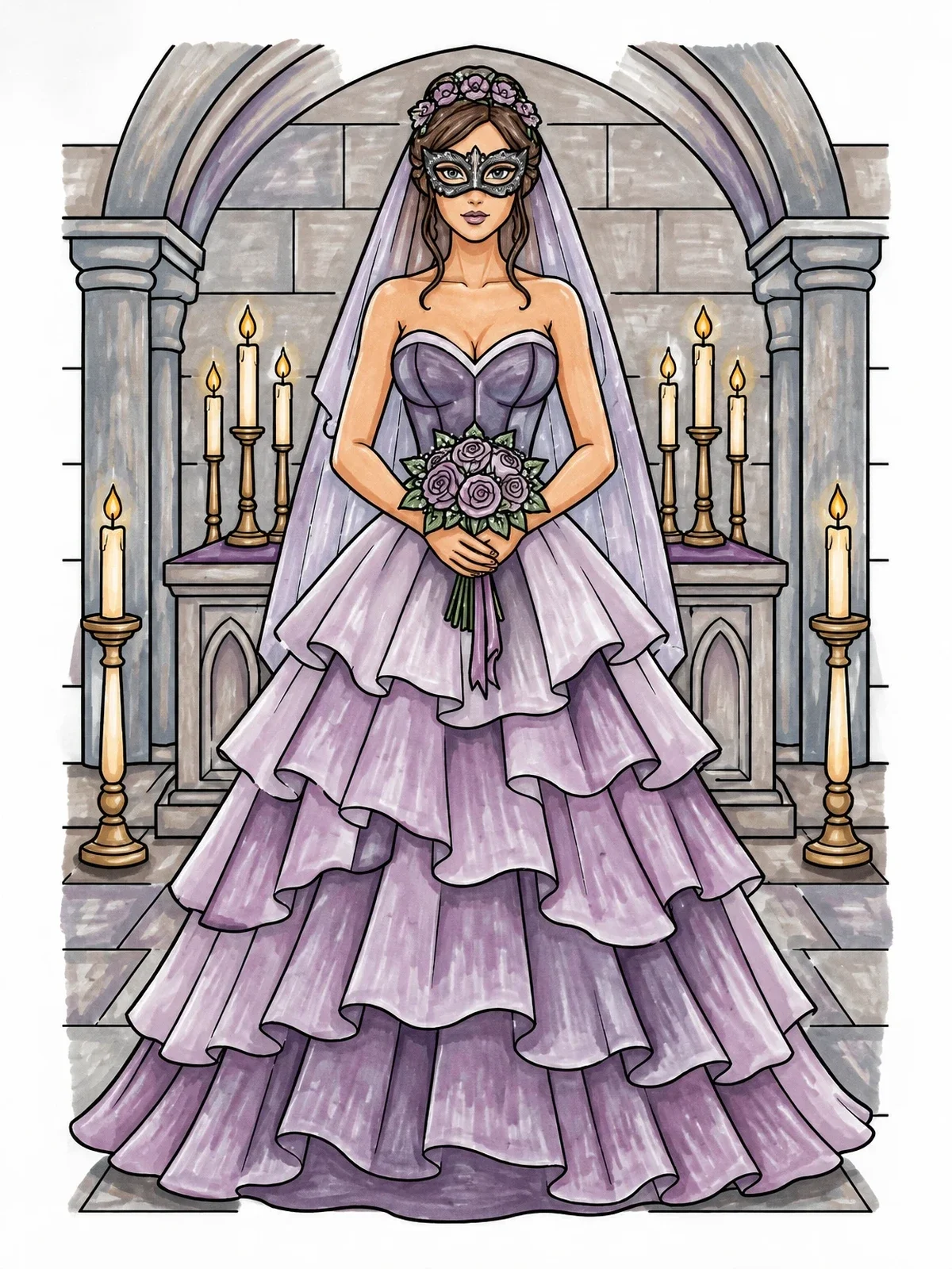 Colored example of the Masked Bride In Gothic Chapel coloring page