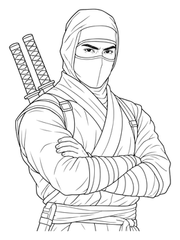 A masked ninja coloring page showing a warrior with swords and crossed arms.