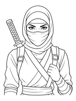 A masked warrior gazes forward in this ninja coloring page with sword strap details.