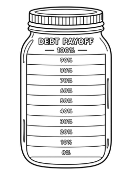A mason jar debt free coloring page divided into ten percentage levels to track financial savings.
