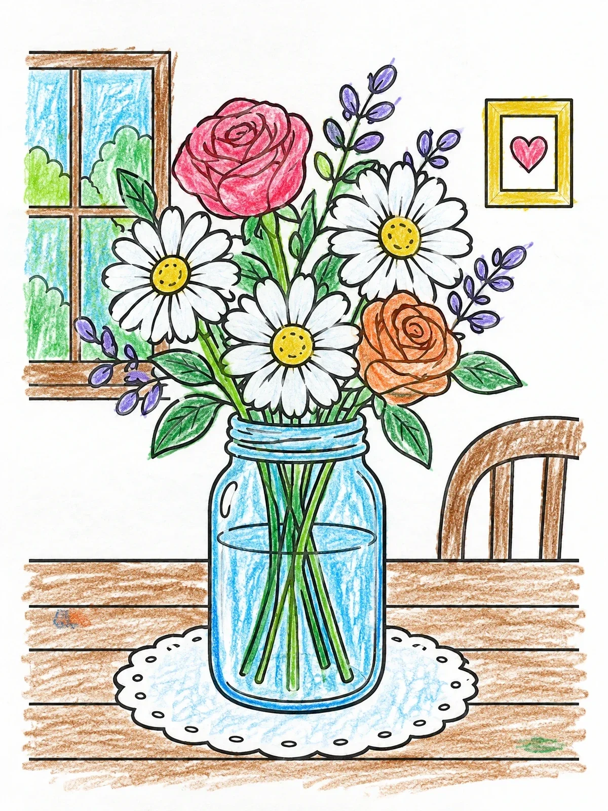 Colored example of the Mason Jar Flower Bouquet On Table coloring page