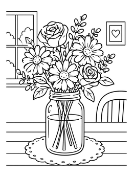 Free printable Mason Jar Flower Bouquet On Table coloring page