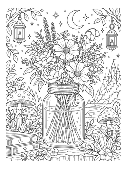 Detailed flowers in a vase coloring page featuring a glass jar surrounded by mushrooms and lanterns.