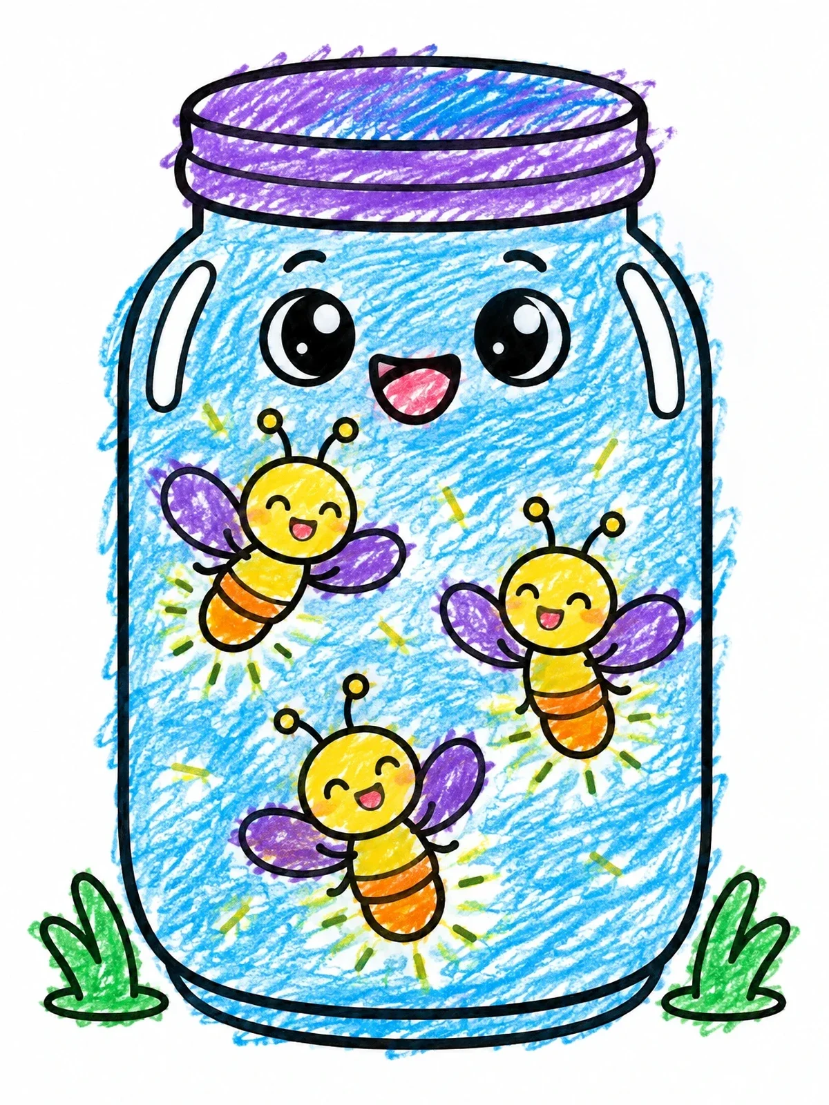 Colored example of the Smiling Jar With Glowing Fireflies coloring page