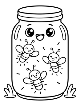 A cute smiling mason jar coloring page filled with three cheerful glowing fireflies.