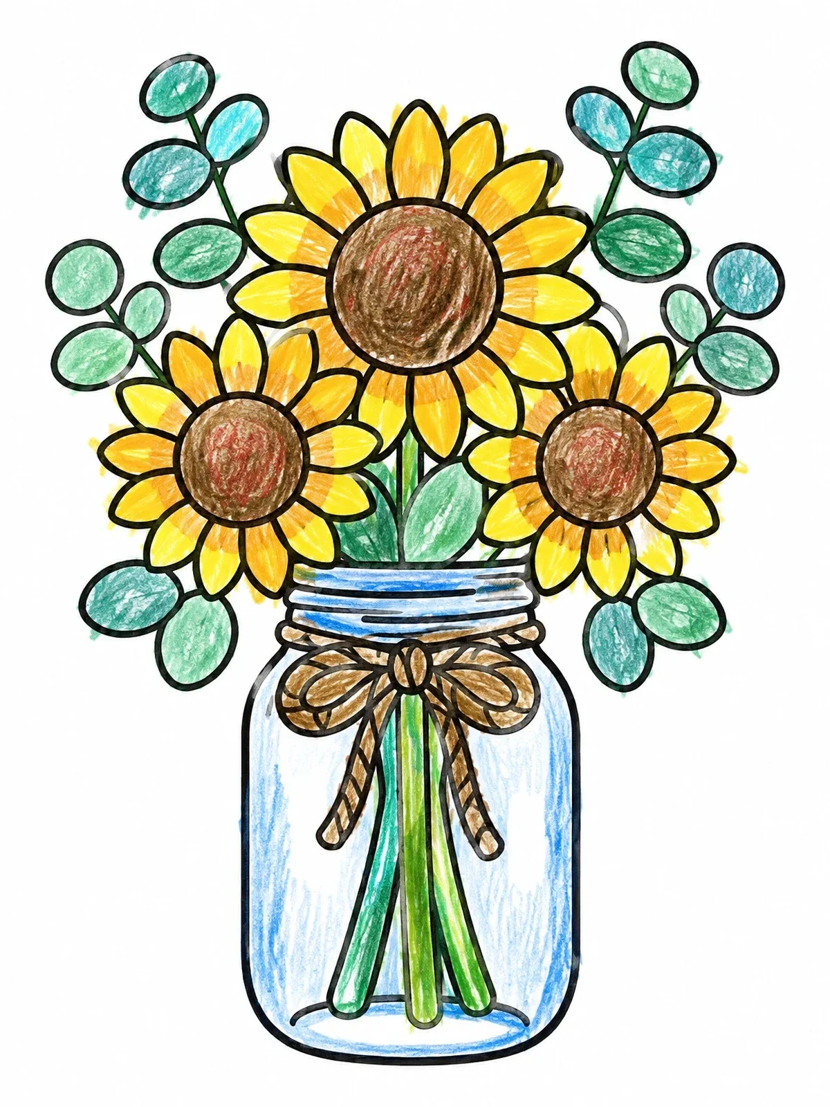 Colored example of the Mason Jar Bouquet Of Sunflowers coloring page