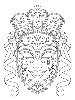 A decorative masquerade mask coloring page featuring musical notes, lace trim, and flowing ribbons.
