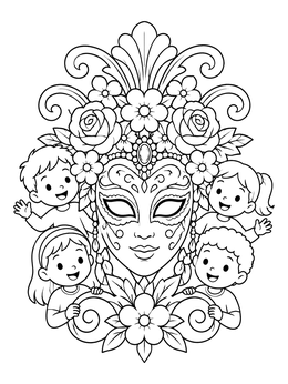 Free printable Carnival Mask With Cheerful Children coloring page