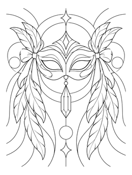 An ornate masquerade mask coloring page framed by side feathers, ribbon bows, and a crystal pendant.