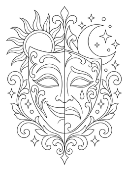 A split sun and moon masquerade mask coloring page showing comedy and tragedy expressions.