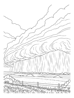 A dramatic storm coloring page showing heavy rain beneath a massive rolling shelf cloud.