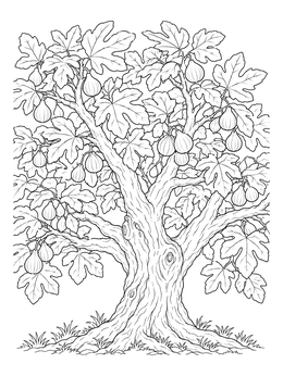 Detailed fig tree coloring page with hanging ripe fruit and large leaves.