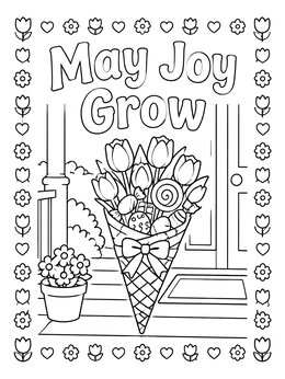 A festive may coloring page with tulips, sweets, and a porch greeting.