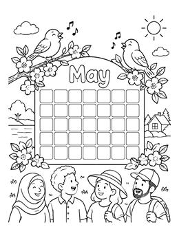 A group of smiling friends beneath a blank May coloring page tracker with birds and flowers.
