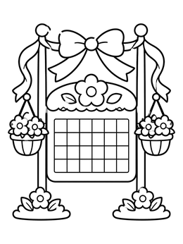 A floral may coloring page featuring a blank calendar frame decorated with ribbons and flower baskets.