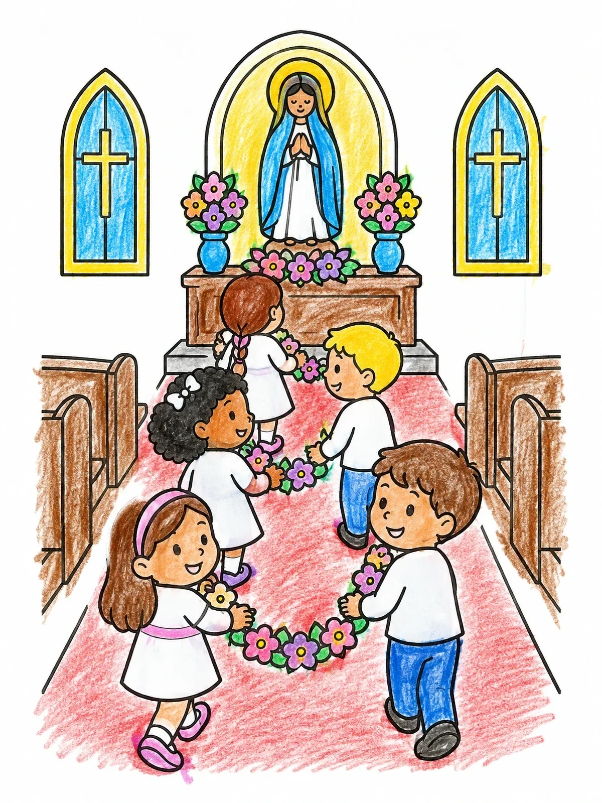 Colored example of the Children Carrying Flower Garland To Altar coloring page