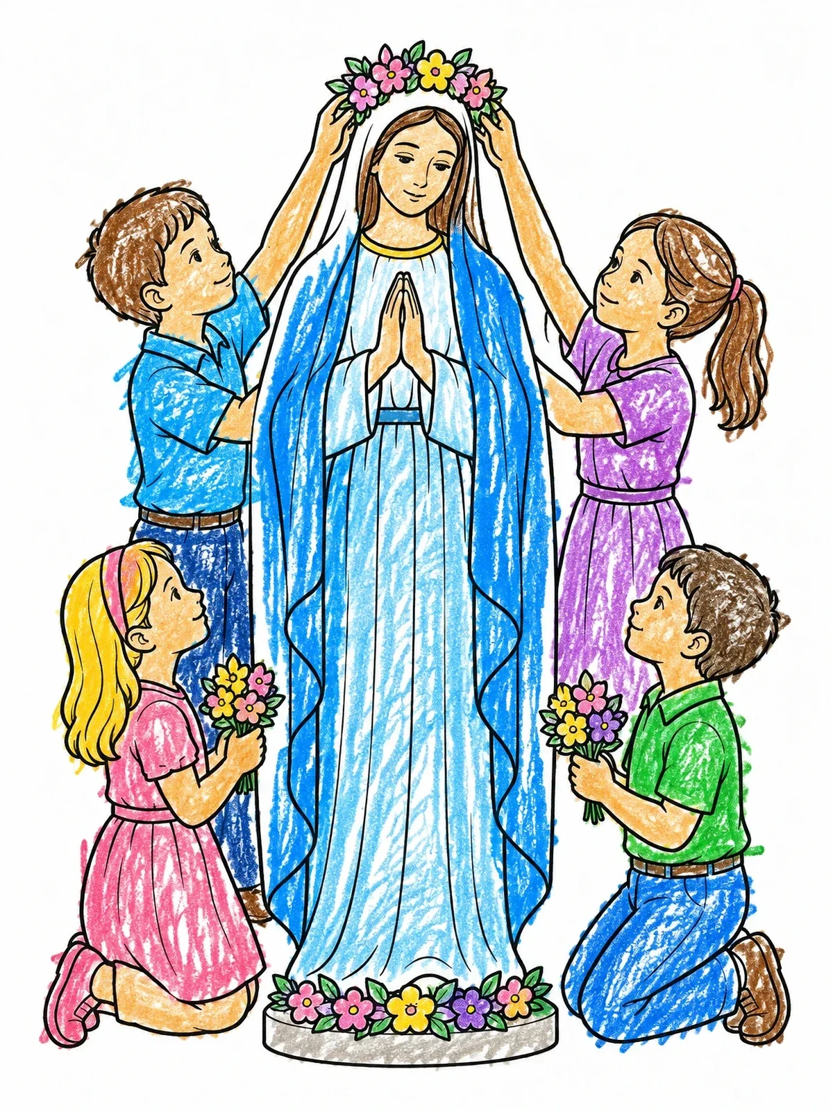 Colored example of the Children Crowning Mary With Flowers coloring page