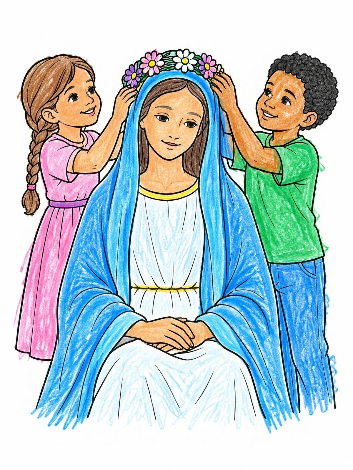 Colored example of the Children Placing Flower Crown On Mary coloring page