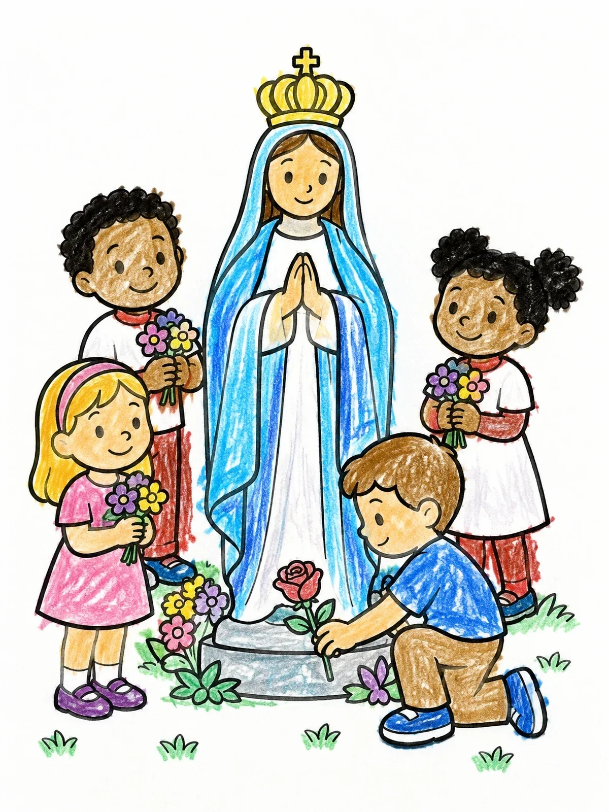 Colored example of the Children Honoring Mary Statue With Flowers coloring page