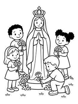 Free printable Children Honoring Mary Statue With Flowers coloring page