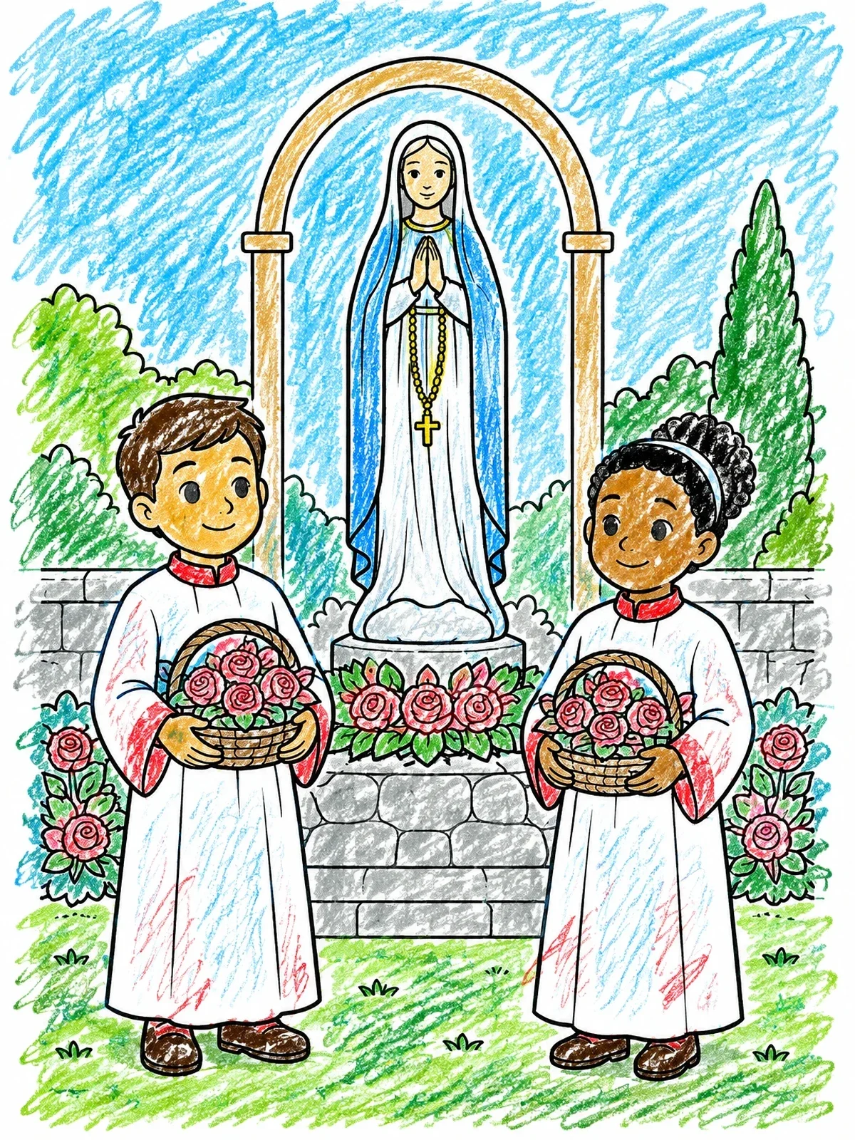 Colored example of the Children With Roses By Mary Statue coloring page