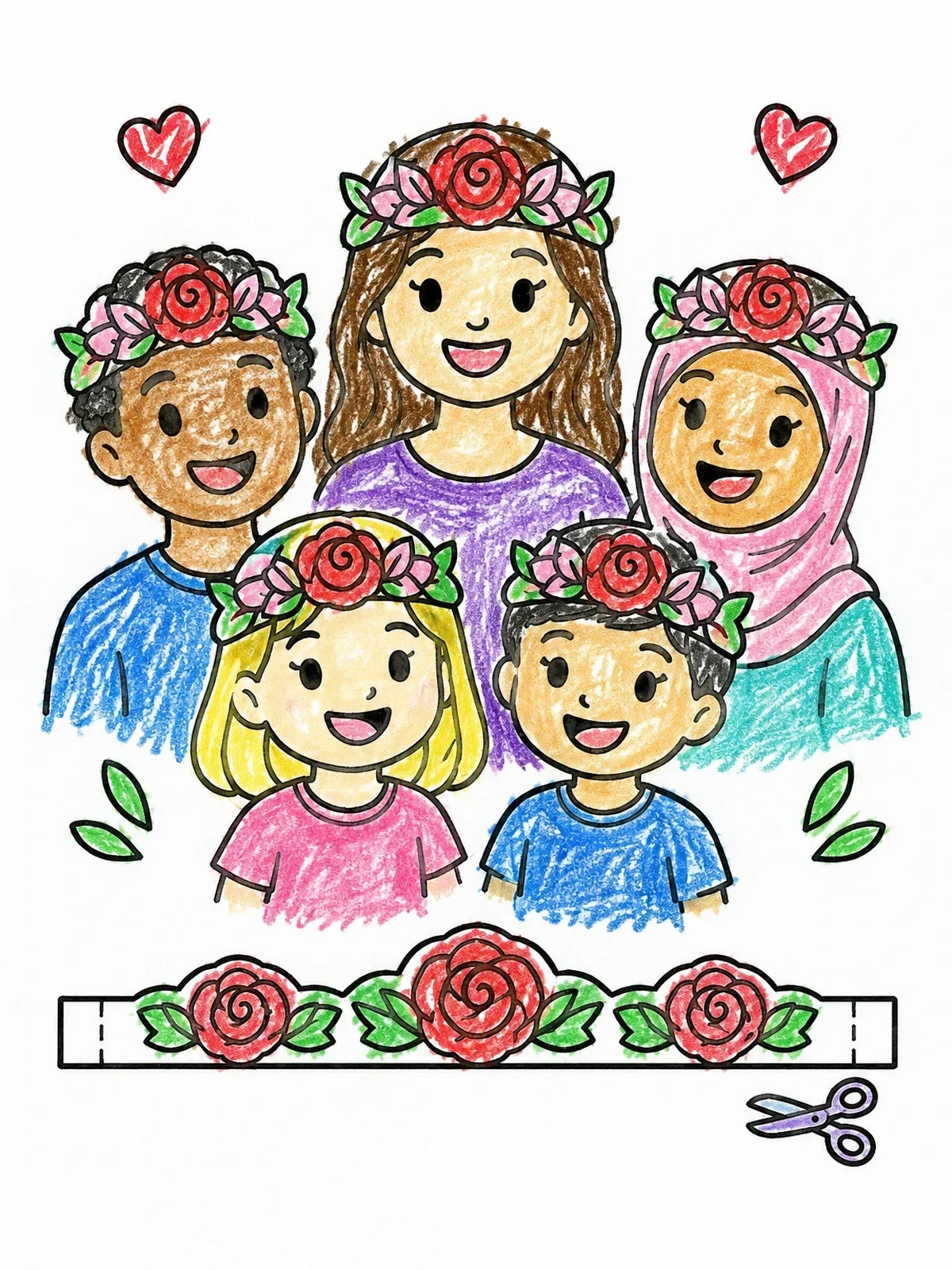 Colored example of the Children With Flower Crowns coloring page