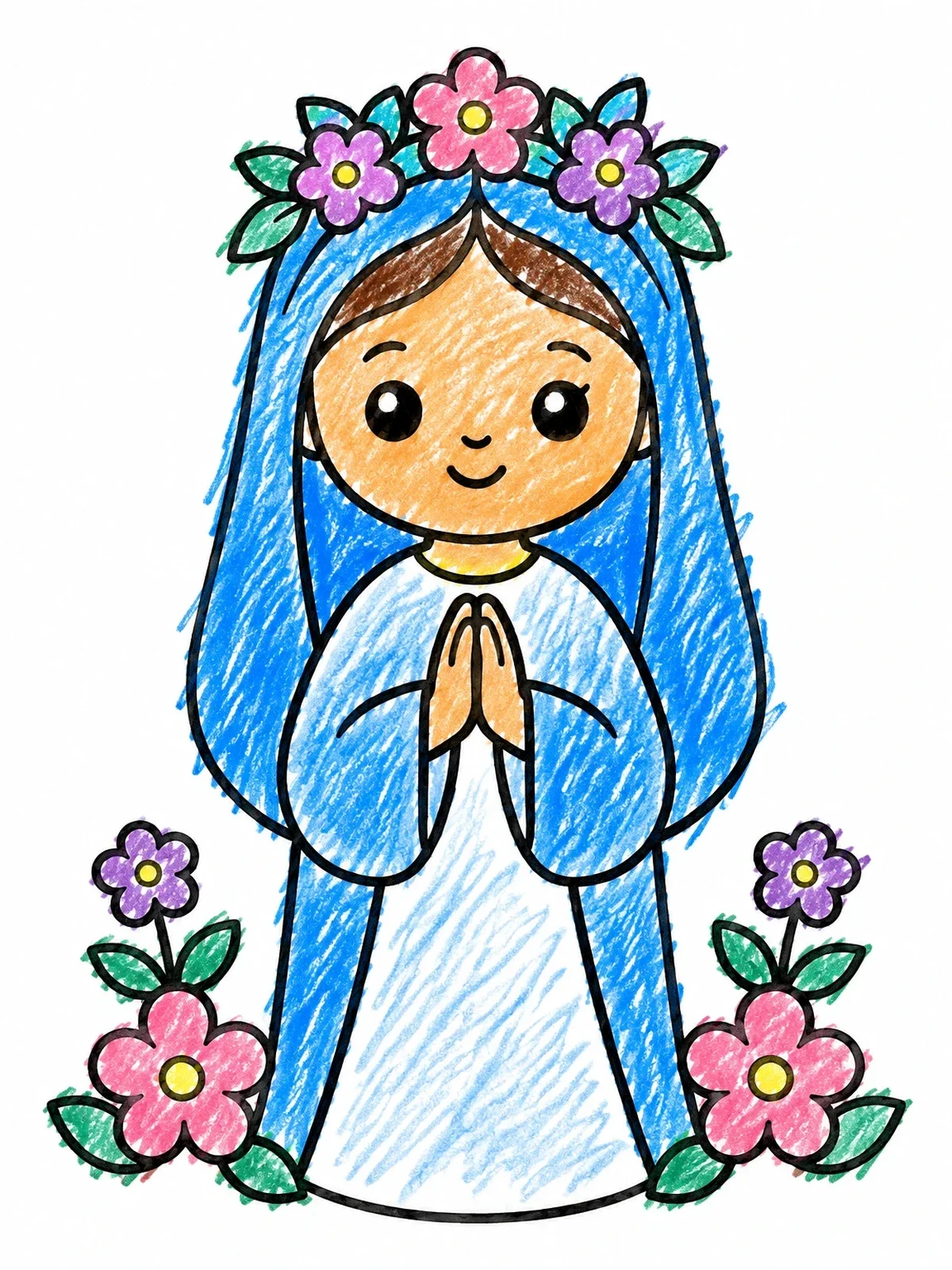 Colored example of the Cute Virgin Mary With Floral Crown coloring page