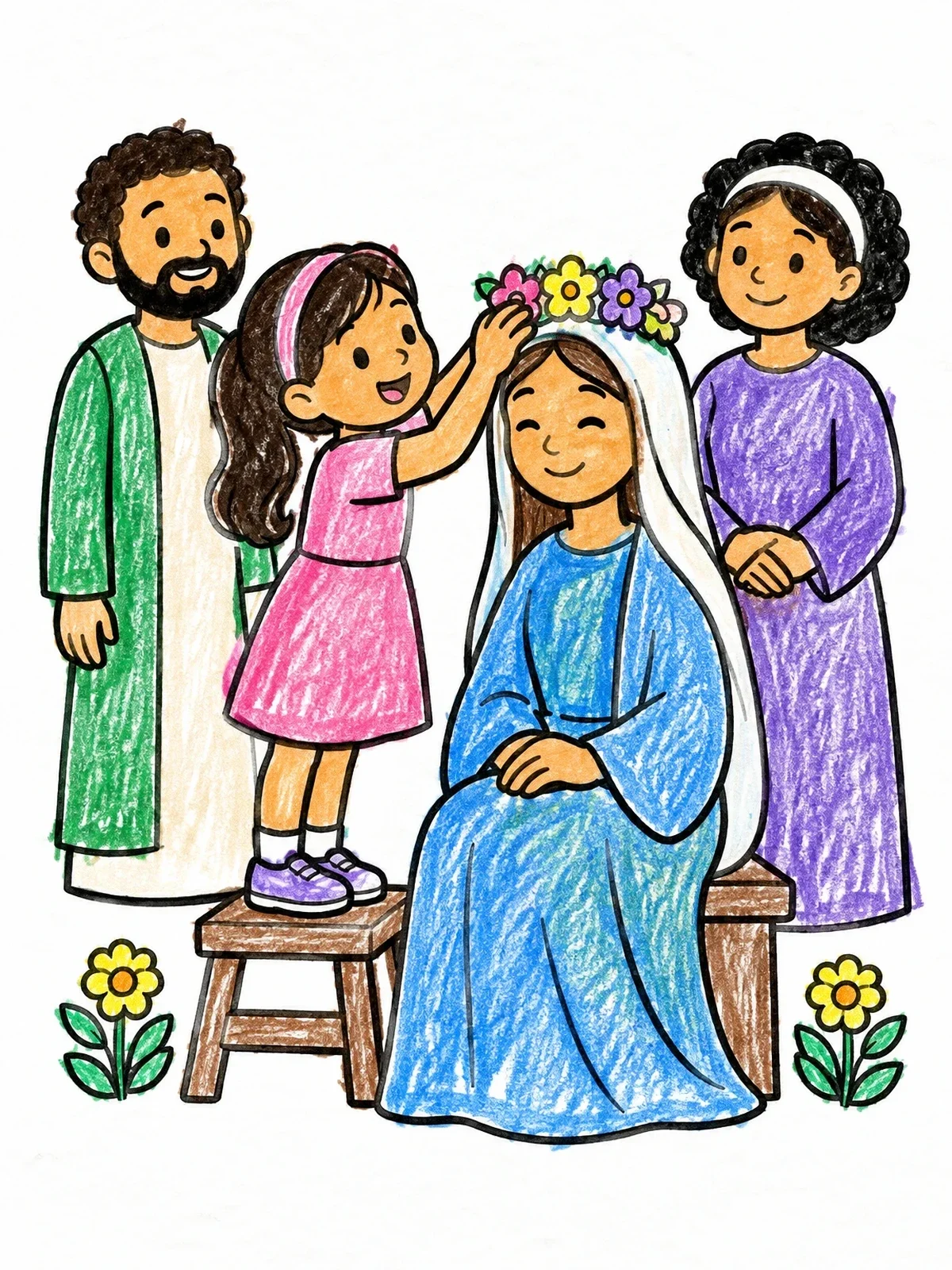Colored example of the Girl Crowning Mary With Flowers coloring page