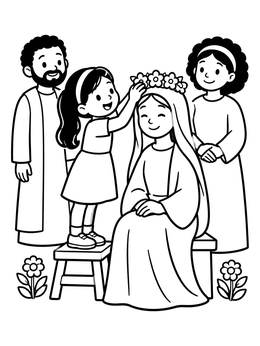 Free printable Girl Crowning Mary With Flowers coloring page