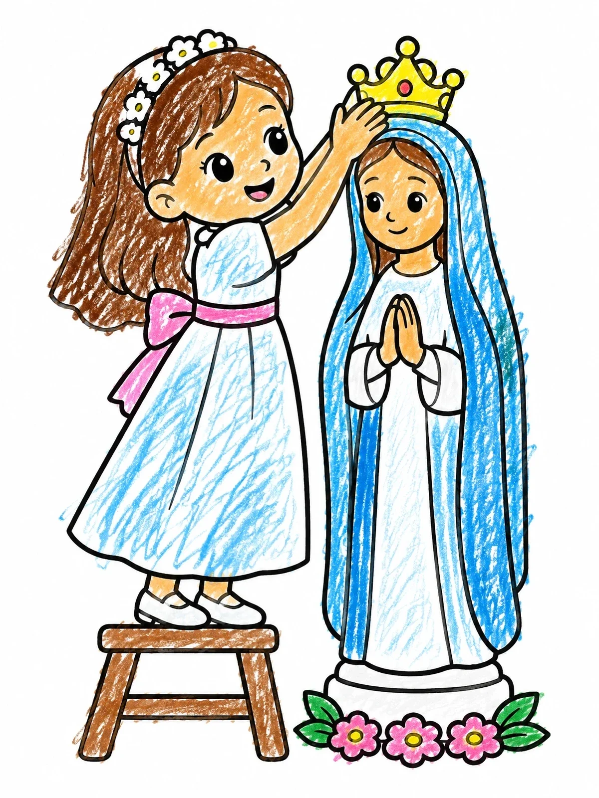 Colored example of the Girl Crowning Statue Of Mary coloring page