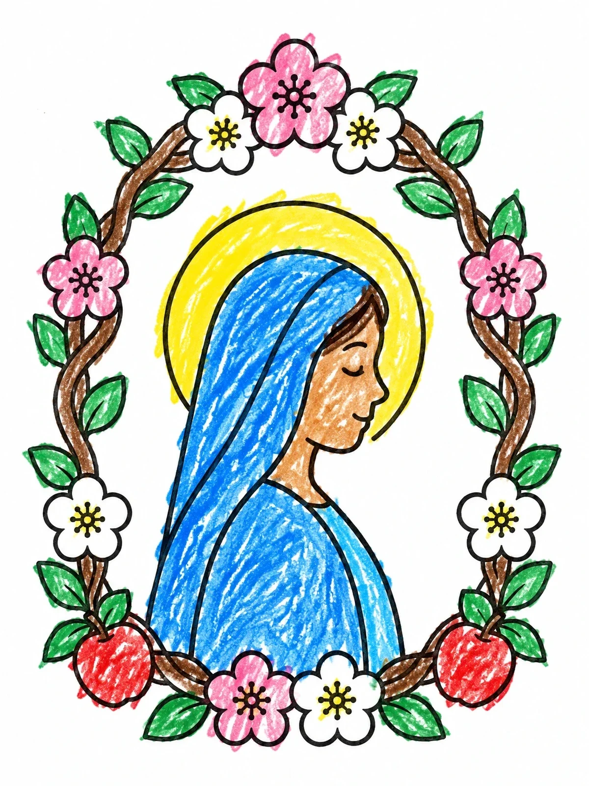 Colored example of the Mary Profile In Spring Flower Arch coloring page
