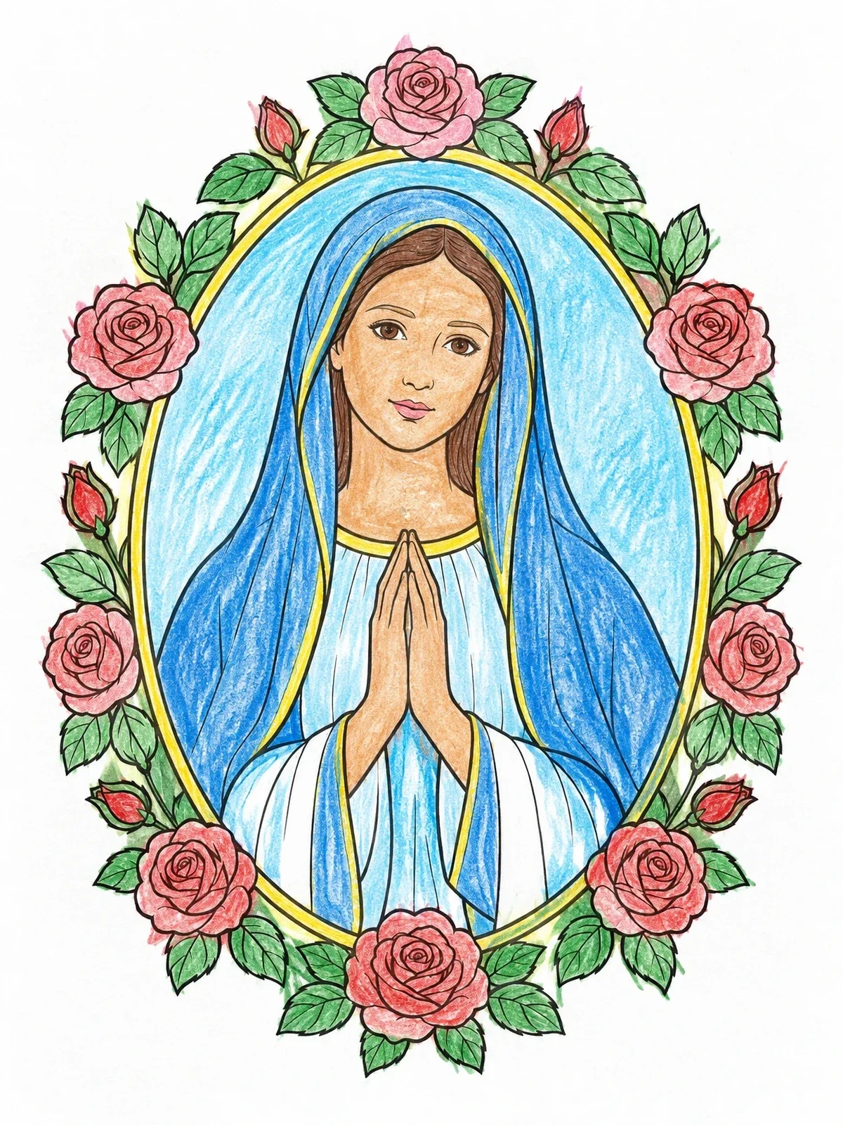 Colored example of the Virgin Mary In Rose Frame coloring page