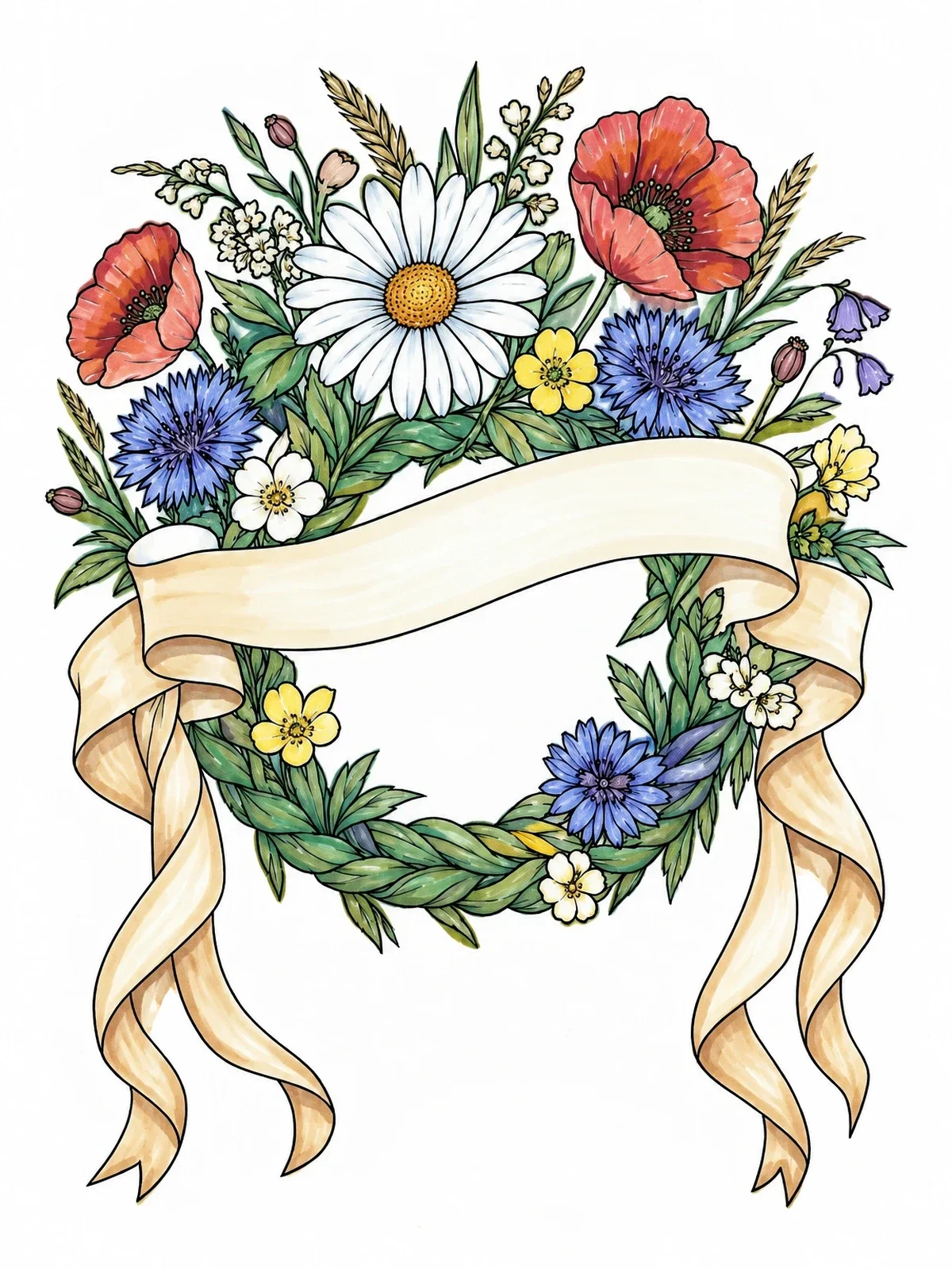 Colored example of the Wildflower Wreath With Flowing Banner coloring page
