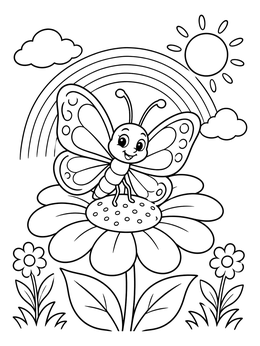 A cheerful butterfly rests on a blooming daisy under a rainbow in this may coloring page.