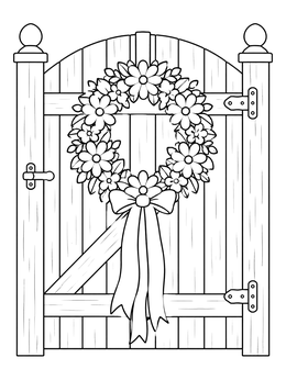 A floral spring wreath on a wooden garden gate makes a charming may coloring page.